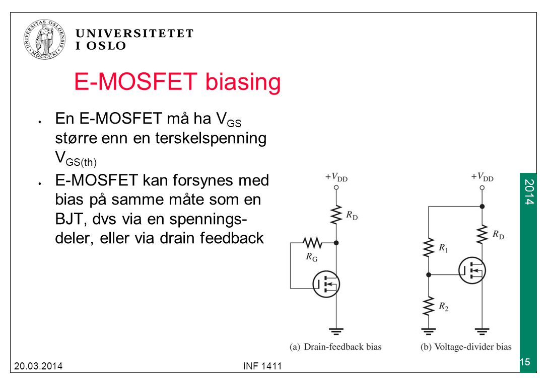 E-MOSFET biasing En E-MOSFET må ha VGS større enn en terskelspenning VGS(th)