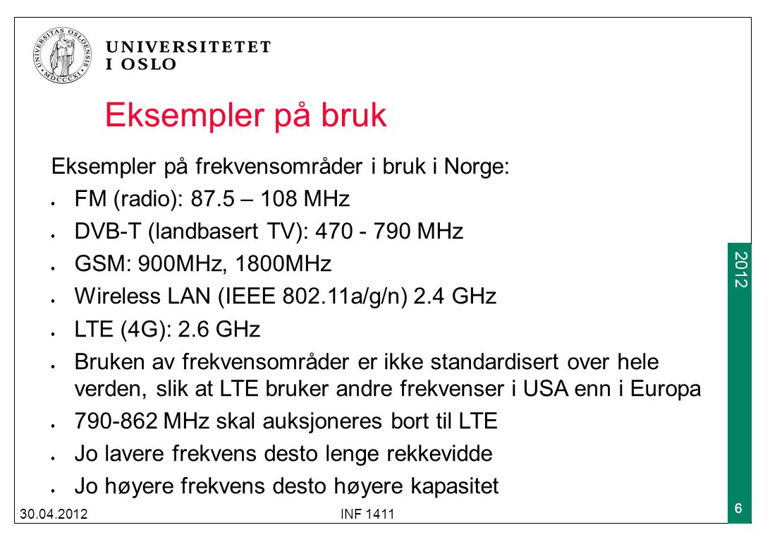 Eksempler på bruk Eksempler på frekvensområder i bruk i Norge: