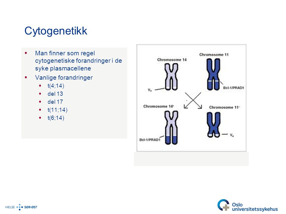 Cytogenetikk Man finner som regel cytogenetiske forandringer i de syke plasmacellene. Vanlige forandringer.