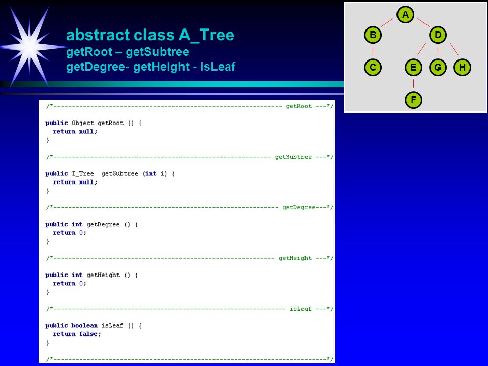 A abstract class A_Tree getRoot – getSubtree getDegree- getHeight - isLeaf. B. D. C. E. G. H.