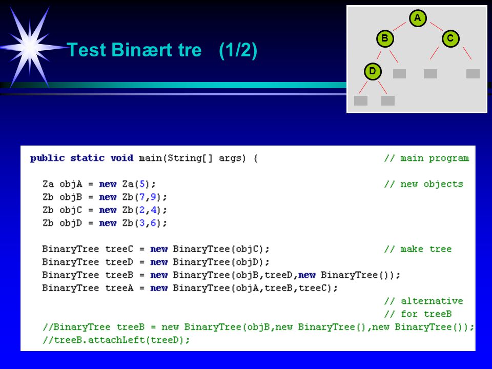 Test Binært tre (1/2) A B C D Test-program for klassen BinaryTree.