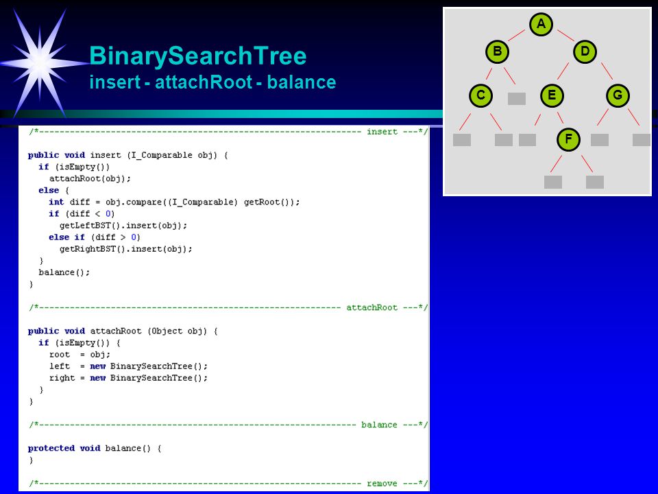 BinarySearchTree insert - attachRoot - balance