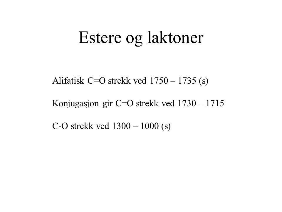 Estere og laktoner Alifatisk C=O strekk ved 1750 – 1735 (s)