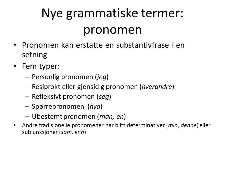 Nye grammatiske termer: pronomen