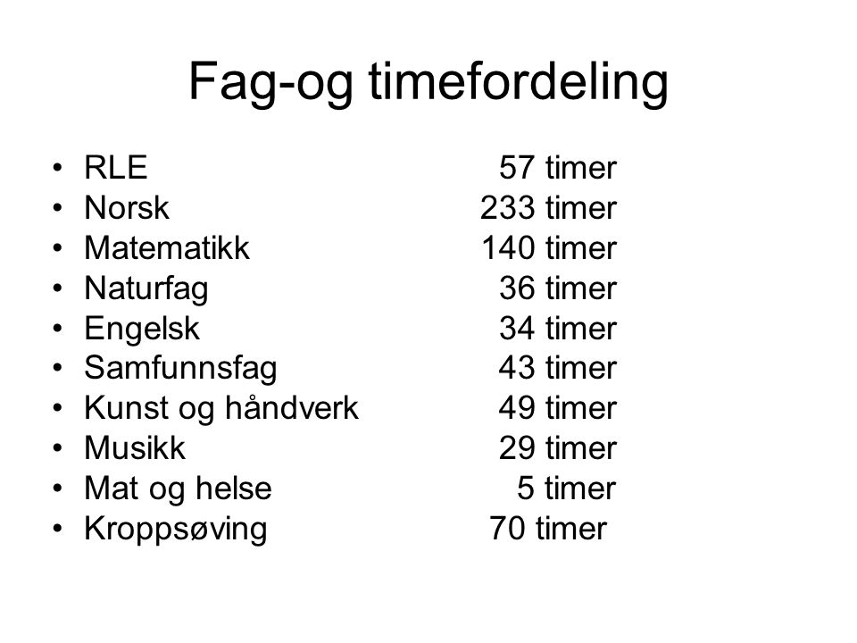 Fag-og timefordeling RLE 57 timer Norsk 233 timer Matematikk 140 timer