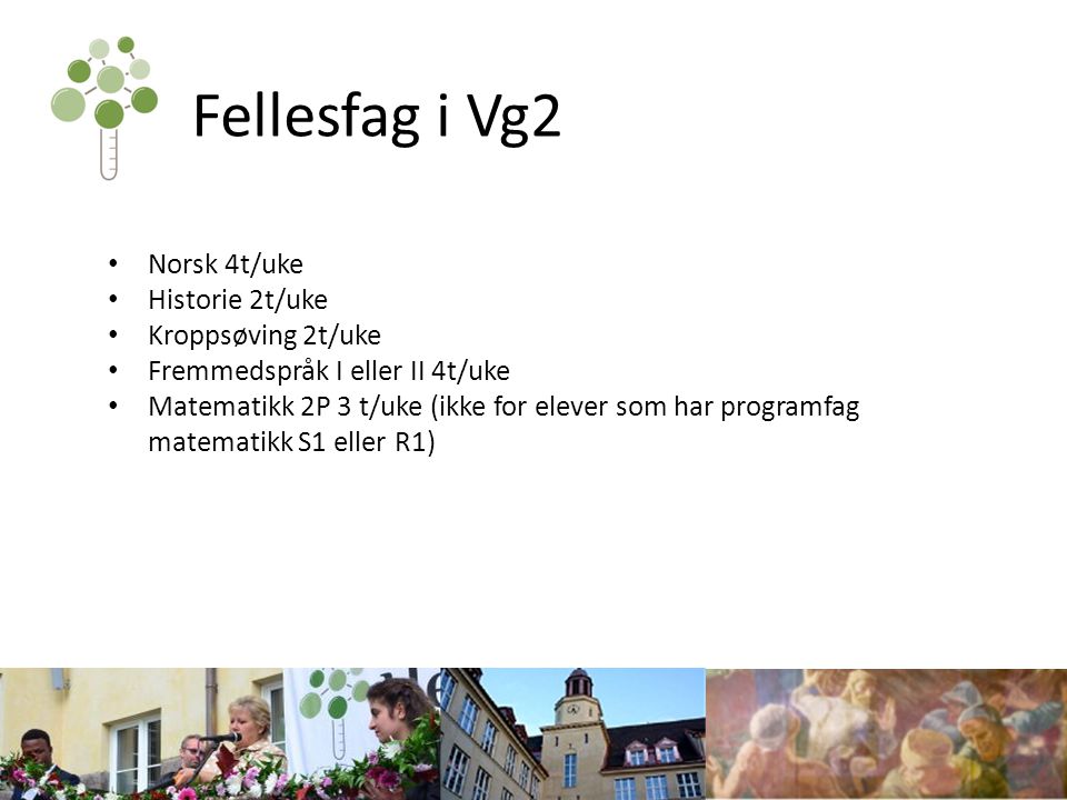 Fellesfag i Vg2 Norsk 4t/uke Historie 2t/uke Kroppsøving 2t/uke