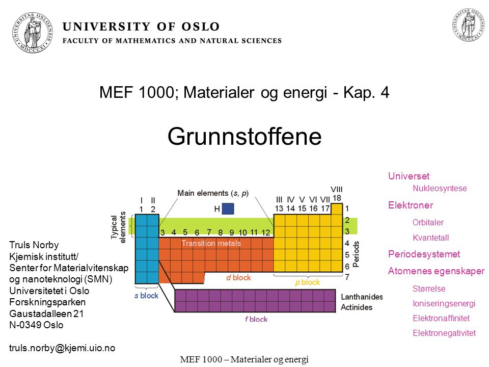 MEF 1000; Materialer og energi - Kap. 4 Grunnstoffene