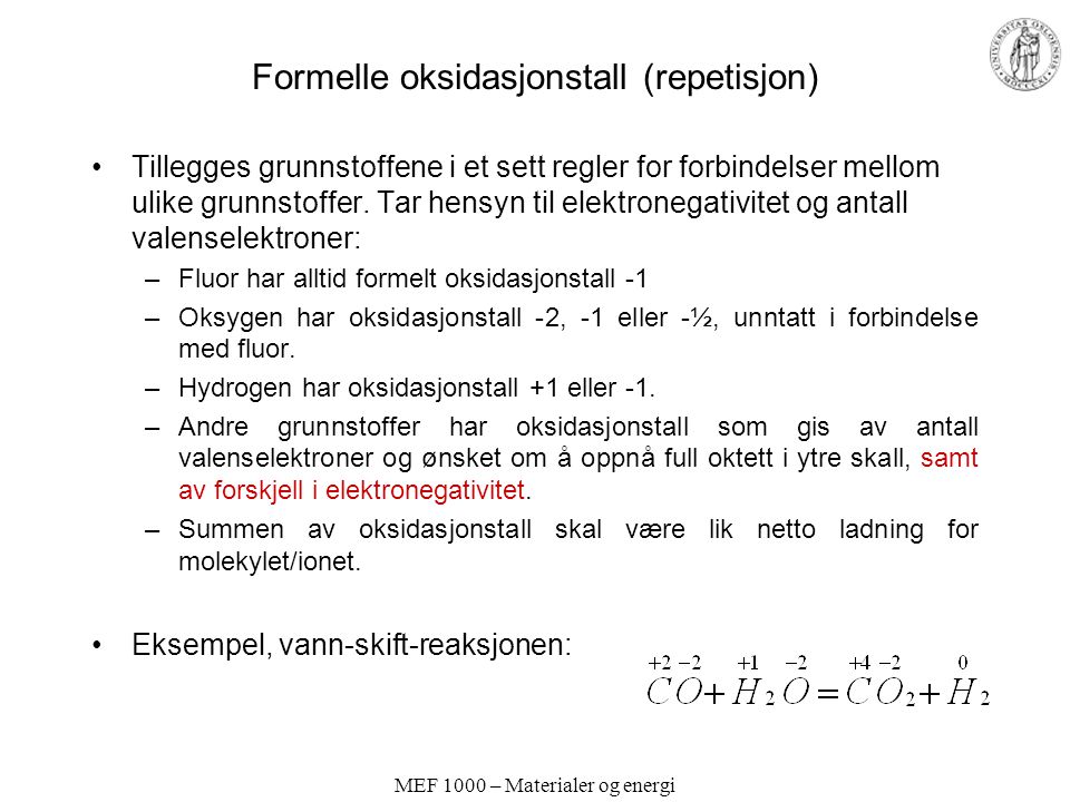 Formelle oksidasjonstall (repetisjon)