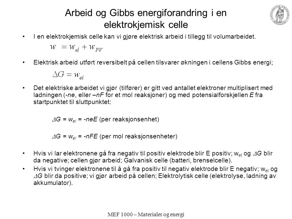 Arbeid og Gibbs energiforandring i en elektrokjemisk celle