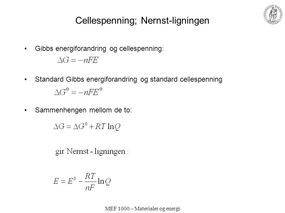 Cellespenning; Nernst-ligningen
