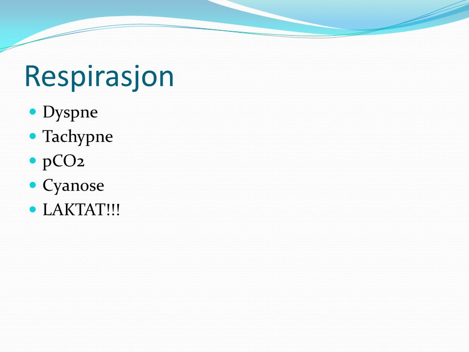 Respirasjon Dyspne Tachypne pCO2 Cyanose LAKTAT!!!
