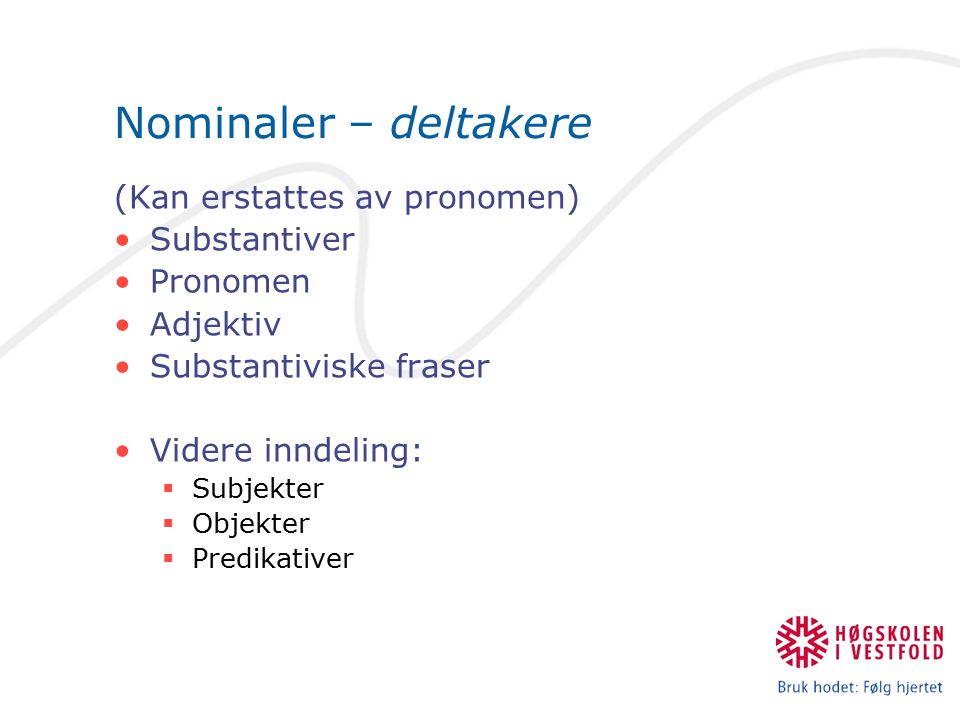 Nominaler – deltakere (Kan erstattes av pronomen) Substantiver