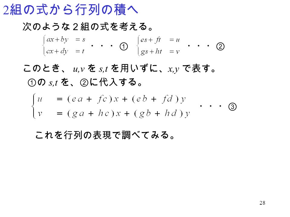 2組の式から行列の積へ 次のような２組の式を考える。 ・・・① ・・・② このとき、 u,v を s,t を用いずに、x,y で表す。