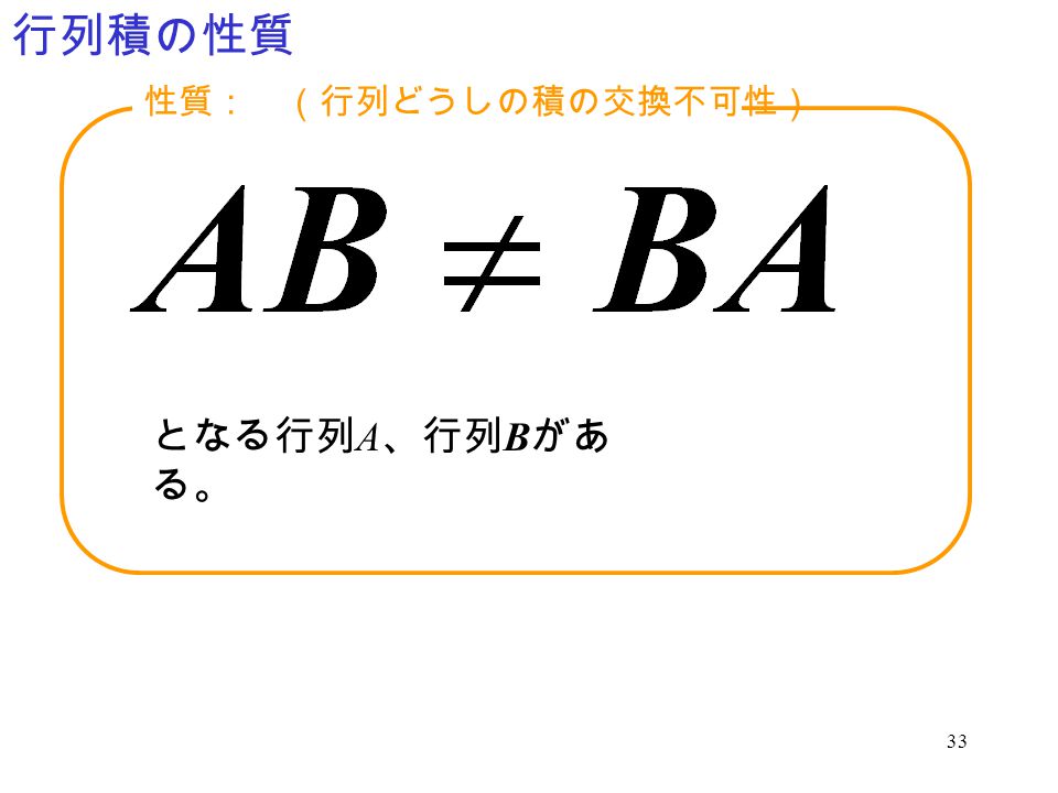 行列積の性質 性質： （行列どうしの積の交換不可性） となる行列A、行列Bがある。