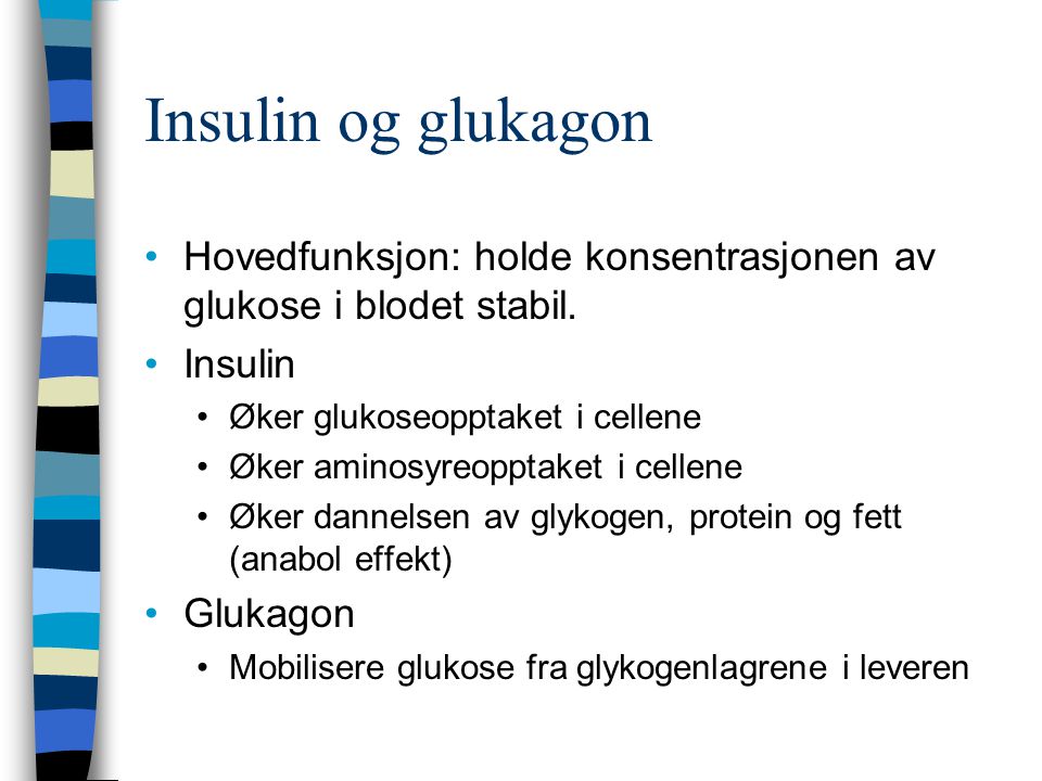 Insulin og glukagon Hovedfunksjon: holde konsentrasjonen av glukose i blodet stabil. Insulin. Øker glukoseopptaket i cellene.