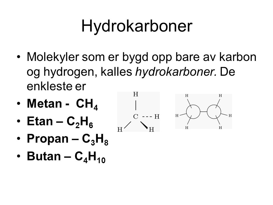 Hydrokarboner Molekyler som er bygd opp bare av karbon og hydrogen, kalles hydrokarboner. De enkleste er.