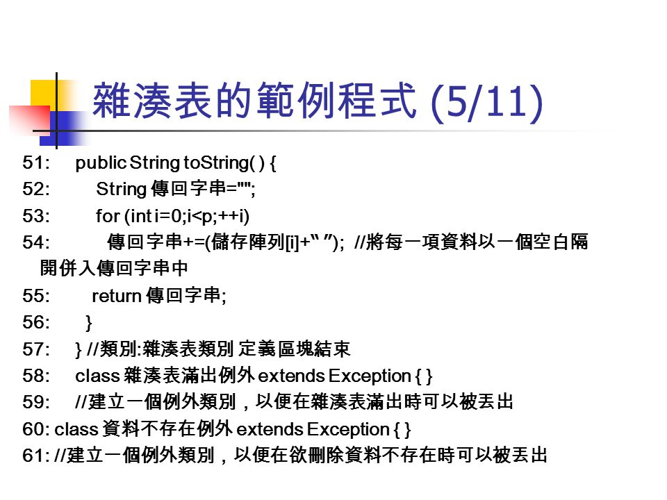 雜湊表的範例程式 (5/11) 51: public String toString( ) { 52: String 傳回字串= ;