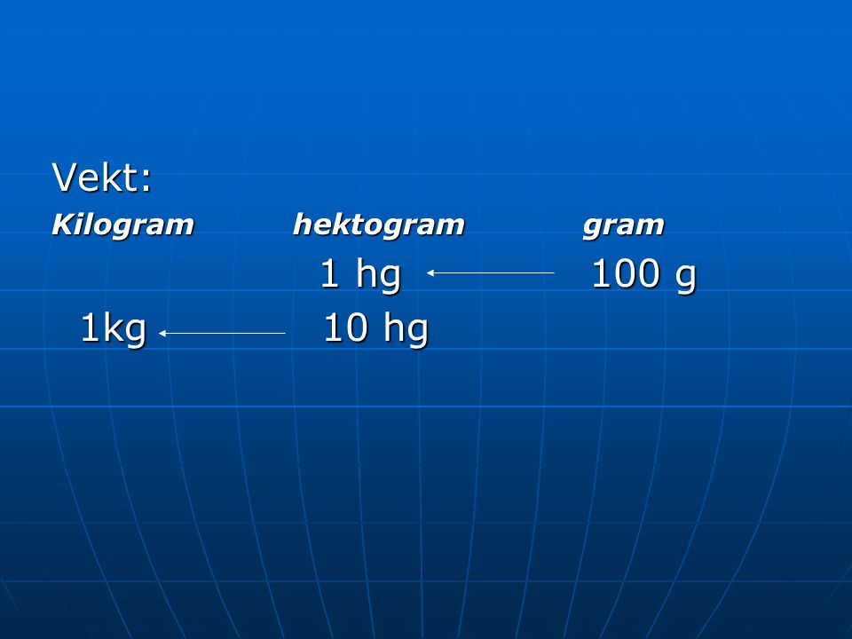 Vekt: Kilogram hektogram gram 1 hg 100 g 1kg 10 hg