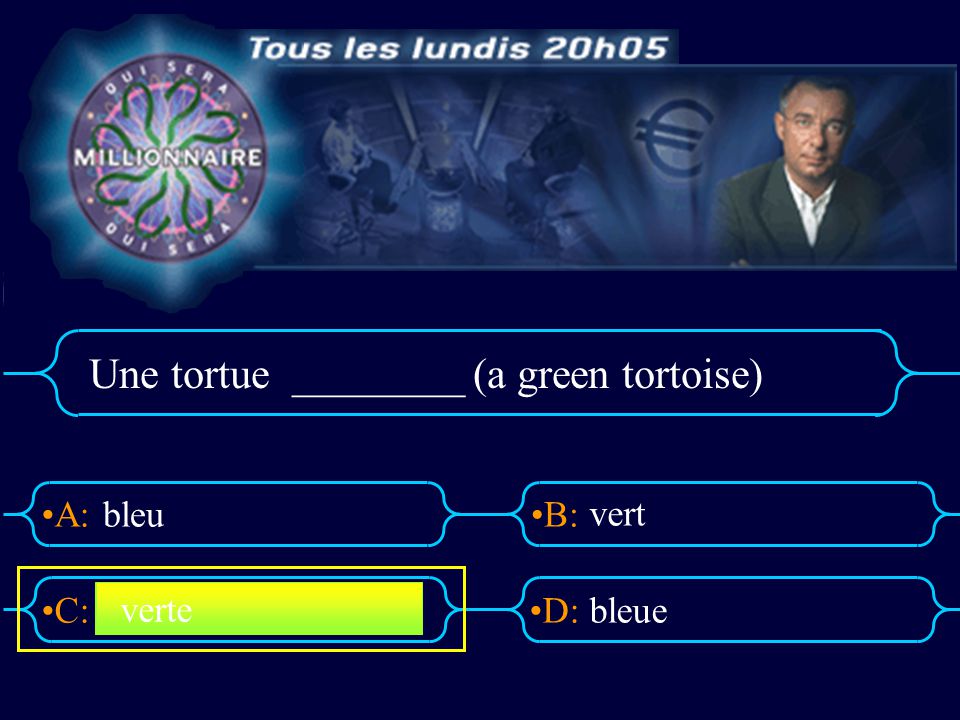 Une tortue ________ (a green tortoise)