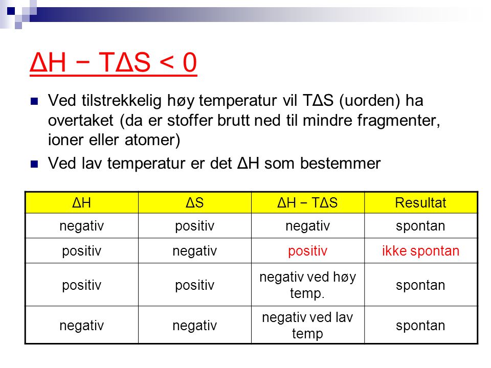 ΔH − TΔS < 0 Ved tilstrekkelig høy temperatur vil TΔS (uorden) ha overtaket (da er stoffer brutt ned til mindre fragmenter, ioner eller atomer)