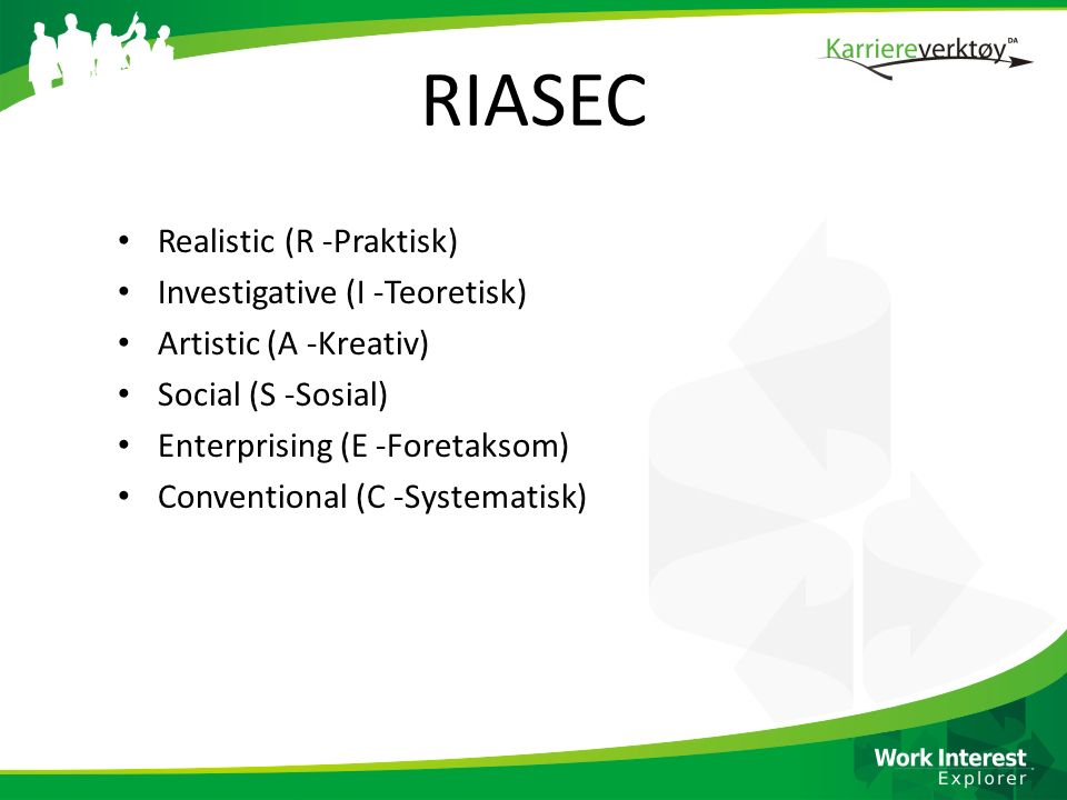 RIASEC Realistic (R -Praktisk) Investigative (I -Teoretisk)